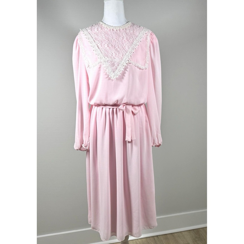 Vintage Pink Chiffon Lace Bib Prairie Midi Dress Long Sleeve 70s S Cottagecore